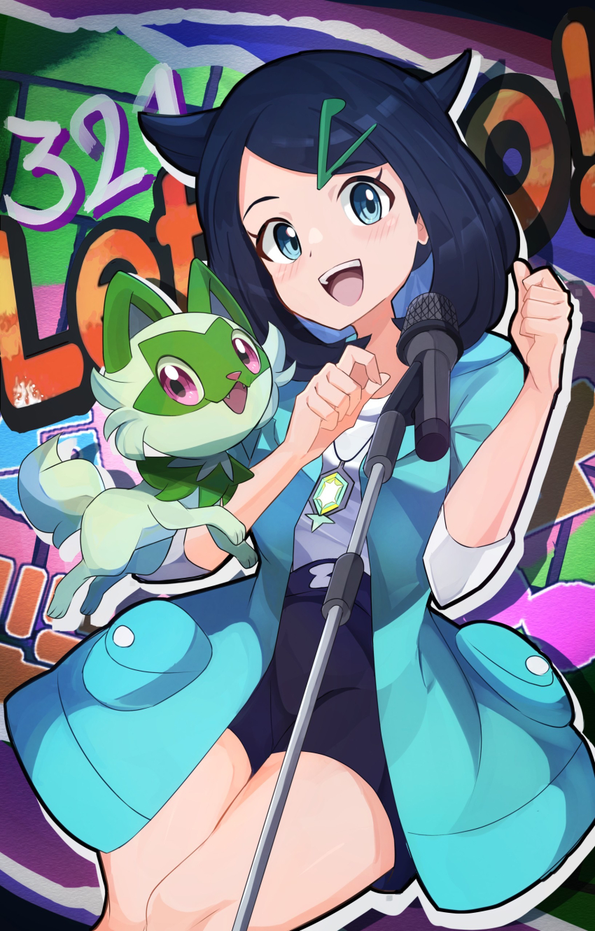 1girl :d absurdres black_hair black_shorts blush clenched_hands coat commentary_request cowlick eyelashes green_coat green_eyes hair_ornament hairclip highres jewelry knees liko_(pokemon) microphone microphone_stand necklace nintendo open_clothes open_coat open_mouth pokemon pokemon_(anime) pokemon_(creature) pokemon_horizons shirt shorts smile sprigatito teeth tongue umiru upper_teeth_only white_shirt