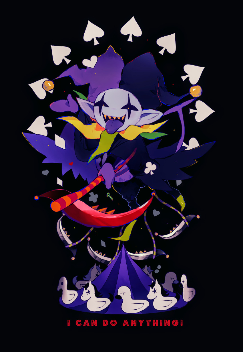 1boy absurdres black_background black_cloak black_sclera carousel cloak clown clown_boy colored_sclera colored_skin colored_tongue commentary_request deltarune english_text from_side full_body gloves hand_up hat highres holding holding_scythe jester jester_boy jester_cap jevil looking_at_viewer male_focus open_mouth pointy_ears purple_gloves purple_skin purple_tongue scythe sharp_teeth simple_background smile solo spade_(shape) standing teeth tongue tongue_out y_o_u_k_a yellow_eyes