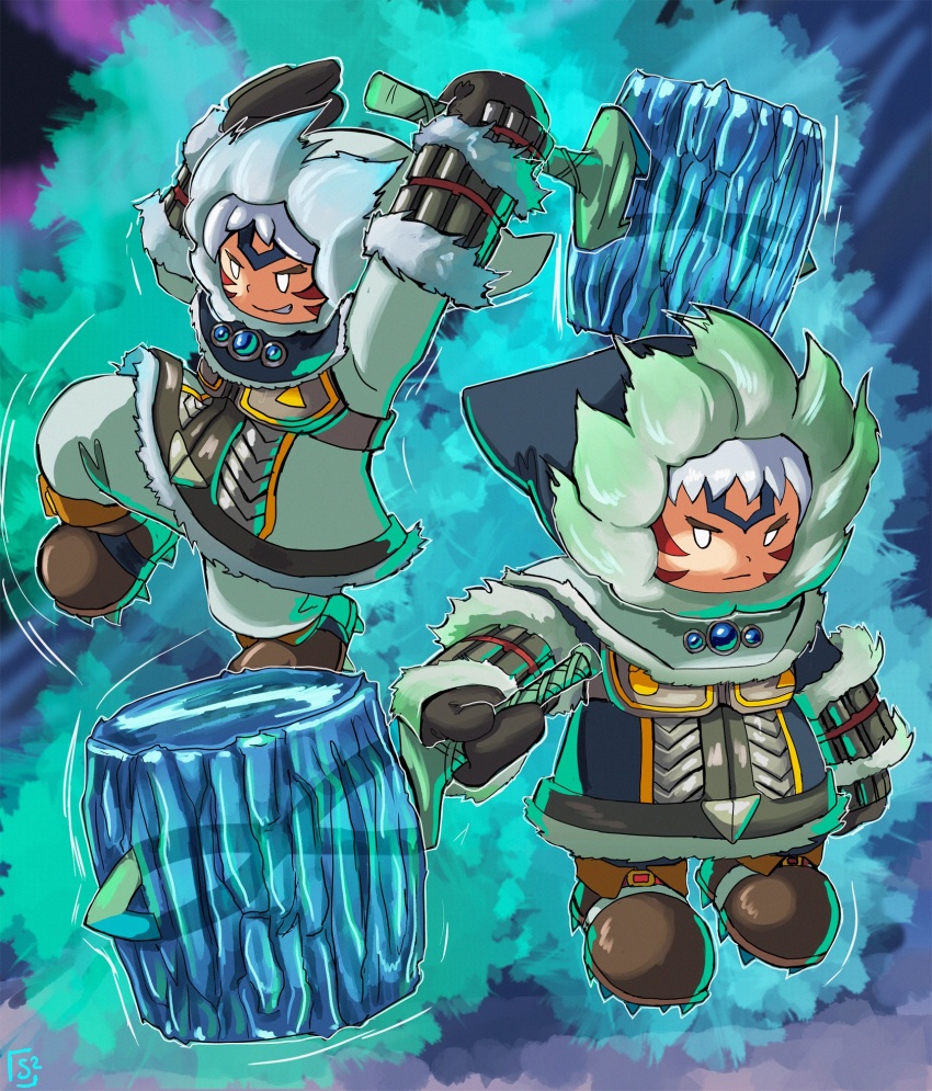 alternate_costume alternate_eye_color alternate_hair_color alternate_weapon arm_guards armor aura blue_gemstone boots corruption crescent crescent_moon crescent_moon_print crescent_moon_symbol crescent_print crossover dark_persona double_helix dual_persona evil_smile facial_tattoo fierce_deity frown gem gloves hal_laboratory hammer highres holding holding_weapon ice ice_climber looking_to_the_side moon nana_(ice_climber) nintendo parka popo_(ice_climber) possessed possession smile stoic_seraphim super_smash_bros. sword tattoo the_legend_of_zelda the_legend_of_zelda:_majora&#039;s_mask triangle triangle_print weapon white_eyes white_hair wrist_guards