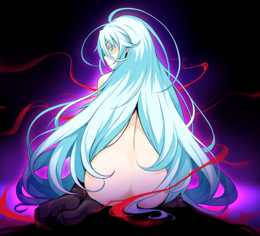 1girl aa-rance ahoge ass back blue_eyes blue_hair completely_nude convenient_censoring from_behind gele highres huge_ahoge jill_(rance_series) long_hair looking_back nude rance_(series) rance_x sitting solo very_long_hair yokozuwari