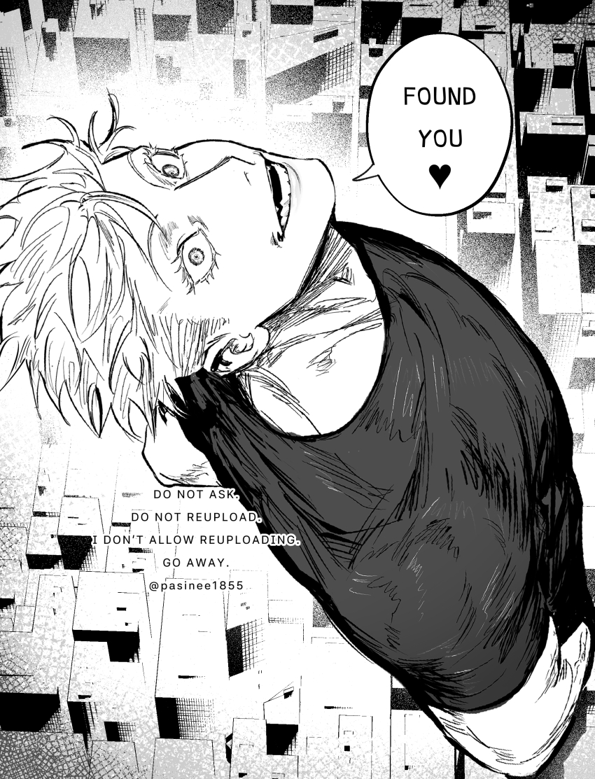 1boy absurdres commentary_request compression_shirt english_text eyelashes from_above gojou_satoru greyscale hand_in_pocket highres jujutsu_kaisen looking_at_viewer male_focus monochrome muscular muscular_male open_mouth pasinee1855 short_hair solo speech_bubble teeth