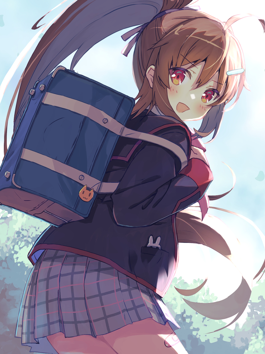 1girl :d ahoge akayama_yukihe backlighting backpack bag bandaid_on_thigh black_jacket black_ribbon blue_bag blue_sky blush brown_hair commentary day eyes_visible_through_hair floating_hair from_behind grey_skirt hair_between_eyes hair_ornament hair_ribbon hairclip highres jacket little_busters! little_busters!_school_uniform long_hair long_sleeves looking_at_viewer miniskirt natsume_rin open_mouth outdoors plaid_clothes plaid_skirt pleated_skirt ponytail red_eyes ribbon school_uniform sidelocks skirt sky smile solo sunlight v-shaped_eyebrows very_long_hair