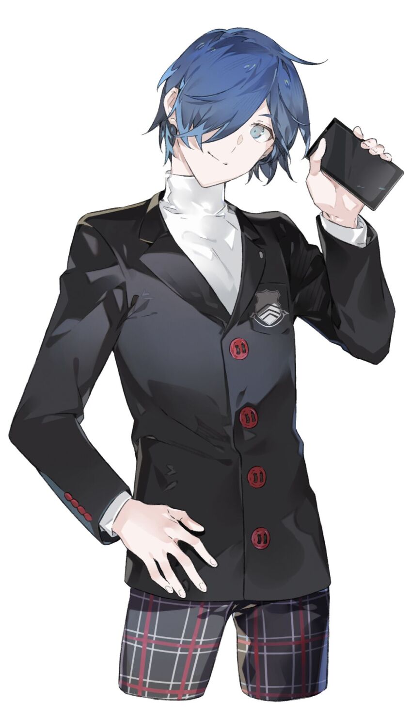 1boy black_jacket black_pants blazer blue_eyes blue_hair cellphone cosplay cropped_legs hair_over_one_eye hand_on_own_hip head_tilt highres holding holding_phone jacket long_sleeves male_focus pants persona persona_3 persona_5 phone plaid_clothes plaid_pants school_uniform short_hair shuujin_academy_school_uniform simple_background smartphone smile solo sweater turtleneck turtleneck_sweater white_background white_sweater xing_20 yuuki_makoto_(persona_3)