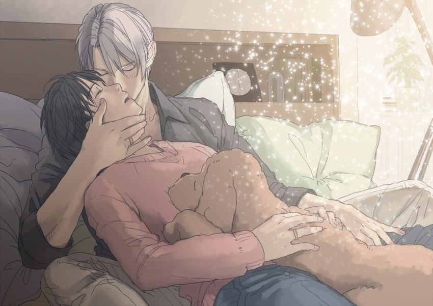 2boys bed black_hair book kissing_cheek clock collared_shirt dog closed_eyes jewelry katsuki_yuuri kiss lamp makkachin male_focus multiple_boys open_mouth pillow plant potted_plant ring shirt silver_hair sitting sleeping sparkle sweater t3_(19841230) viktor_nikiforov yaoi yuri!!!_on_ice