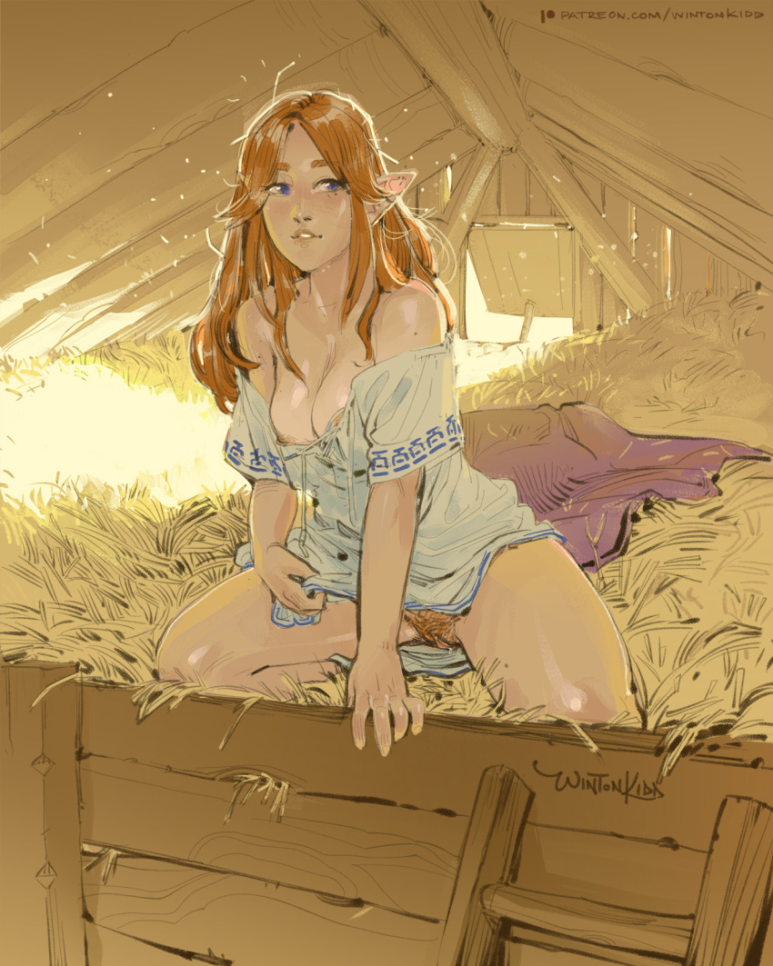 1girl bare_shoulders barn blanket blue_eyes breasts female_pubic_hair hay highres long_hair looking_to_the_side malon medium_breasts messy_hair nintendo nipples no_bra off_shoulder parted_lips pointy_ears pubic_hair pussy solo the_legend_of_zelda the_legend_of_zelda:_ocarina_of_time winton_kidd