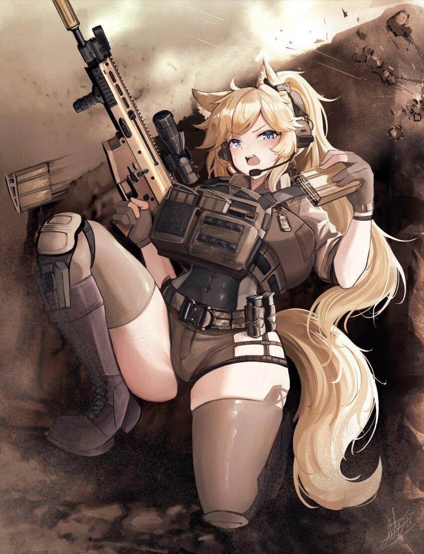 1girl ammunition_pouch animal_ears arktic assault_rifle blonde_hair blue_eyes boots brown_thighhighs chest_harness commission fingerless_gloves fn_scar foregrip gloves gun harness headphones headset highres holding holding_gun holding_magazine_(weapon) holding_weapon knee_boots knee_pads laser_sight load_bearing_vest magazine_(weapon) magazine_ejection microphone on_one_knee open_mouth optical_sight original ponytail pouch reloading rifle scope shorts suppressor tail thighhighs trigger_discipline vertical_foregrip weapon