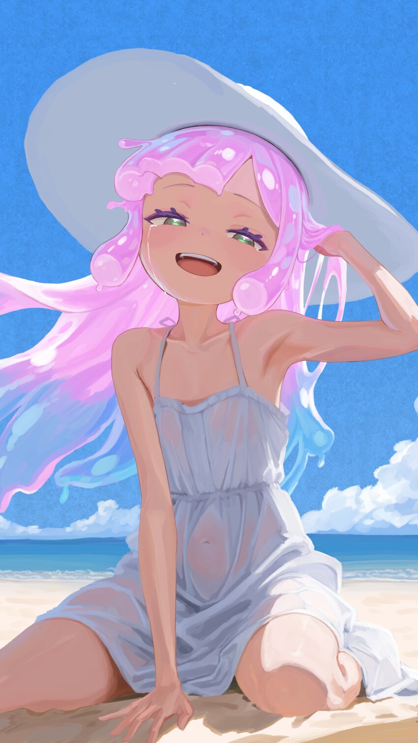 1girl absurdres armpits bare_shoulders beach blue_hair blue_sky collarbone crying dress flat_chest gradient_hair green_eyes hands_in_own_hair hat highres kneeling liquid_hair long_hair monster_girl multicolored_hair navel ocean open_mouth pink_hair puniru_(puniru_wa_kawaii_slime) puniru_wa_kawaii_slime sand see-through_clothes sky slime_girl slime_hair smile solo sui_yamami sundress teeth upper_teeth_only white_dress white_hat