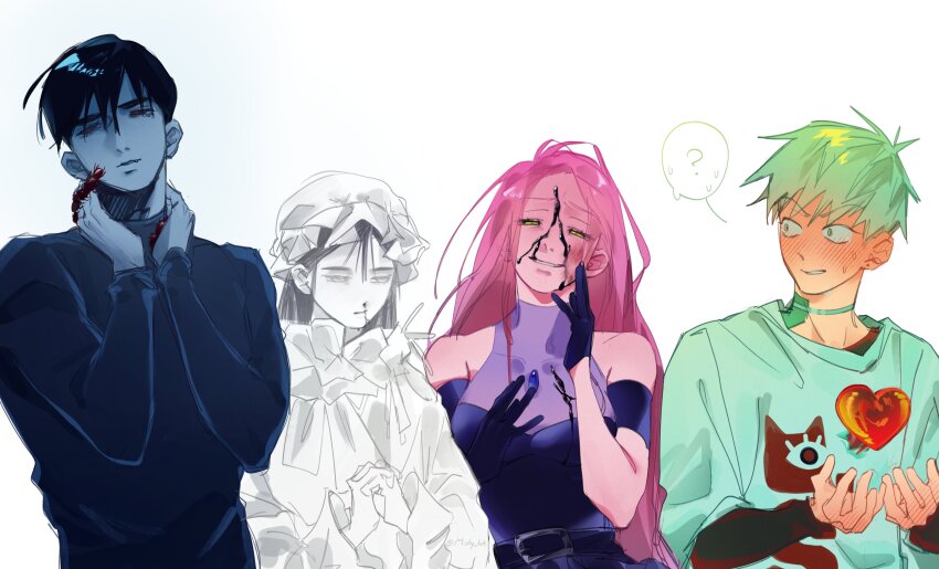 2boys 2girls ? absurdres alien_stage black_blood black_dress black_gloves black_hair black_shirt blood blood_on_face blush bug centipede commentary_request dress gloves grey_hair half-closed_eyes hand_on_own_face hands_on_own_neck hat heart highres layered_shirt long_hair misty_te4 multiple_boys multiple_girls own_hands_together pink_hair red_shirt shirt short_hair smile spanish_commentary spoken_question_mark till_(alien_stage) turtleneck turtleneck_shirt very_long_hair very_short_hair white_dress white_hat white_shirt yellow_eyes