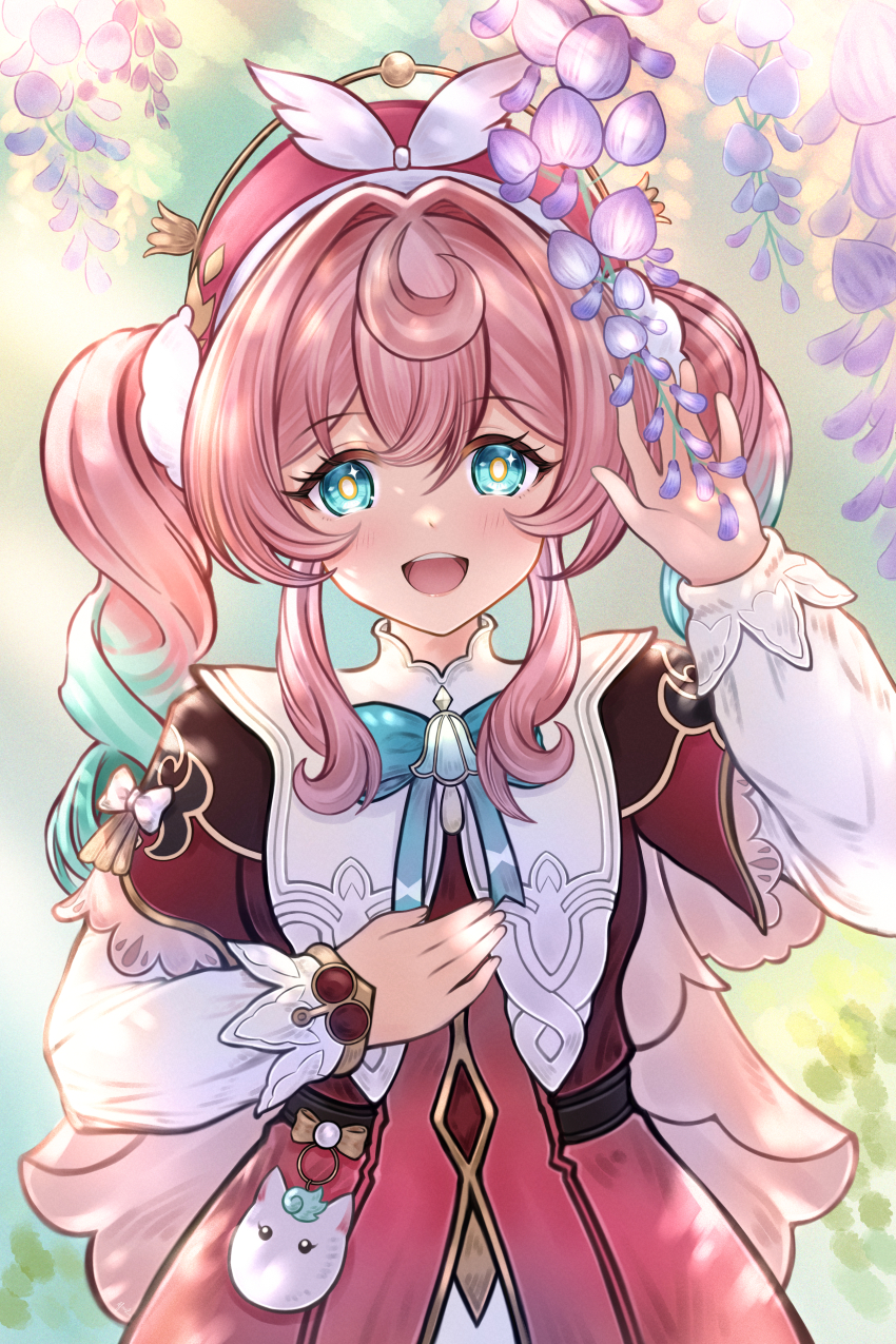 1girl absurdres afezeria aqua_bow aqua_bowtie aqua_eyes aqua_hair arm_up bow bowtie cowboy_shot dress drill_hair gradient_hair hair_between_eyes hair_intakes hand_on_own_chest hat highres honkai:_star_rail honkai_(series) hyacine_(honkai:_star_rail) long_hair long_sleeves looking_at_viewer multicolored_hair open_mouth pink_dress pink_hair red_hat sidelocks smile teeth twin_drills twintails two-tone_hair upper_teeth_only