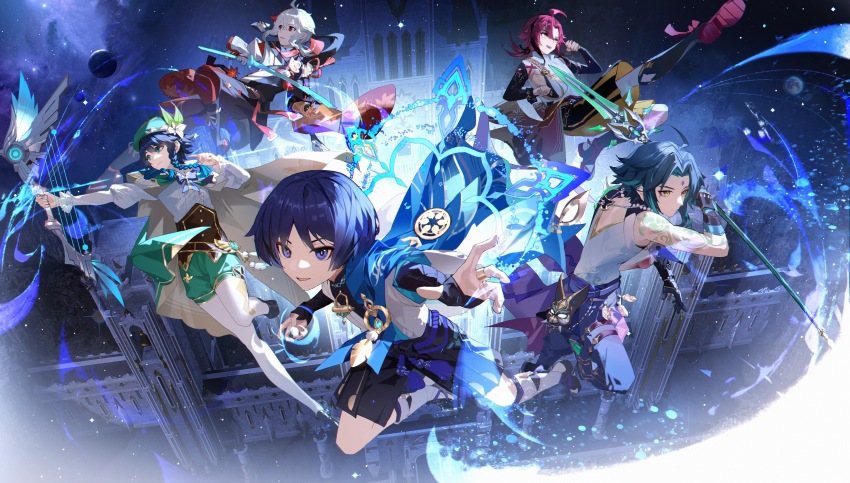 5boys :d absurdres ahoge aiguillette aiming antenna_hair aqua_eyes aqua_hair arm_tattoo arm_up armor asymmetrical_gloves asymmetrical_sleeves bandaged_arm bandaged_hand bandages bead_necklace beads beret black_bow black_bowtie black_footwear black_gloves black_hair black_scarf black_shirt black_shorts blue_cape blue_gloves blue_hair blue_pants blunt_ends bow bow_(weapon) bowtie bracelet braid bridal_gauntlets brown_corset brown_shorts building buttons cape capelet chinese_commentary choppy_bangs clenched_hands closed_mouth clothing_cutout collared_capelet commentary_request corset crossed_bangs energy eyeshadow facial_mark feathers fingerless_gloves floating floating_hair flower forehead_mark frilled_sleeves frills genshin_impact gloves gradient_hair green_cape green_capelet green_eyes green_hair green_hat green_shorts hair_between_eyes hair_flower hair_ornament hakama hakama_shorts haori hat highres holding holding_bow_(weapon) holding_polearm holding_sword holding_weapon horned_mask incoming_attack jacket japanese_armor japanese_clothes jewelry juliet_sleeves kaedehara_kazuha katana kimono kote kurokote leaf_print leg_up leleyoukuailele long_sleeves looking_at_viewer looking_to_the_side low_ponytail makeup male_focus maple_leaf_print mask mismatched_gloves mismatched_sleeves multicolored_hair multiple_boys necklace no_headwear open_clothes open_jacket open_mouth outstretched_arm pants pantyhose parted_bangs planet polearm pom_pom_(clothes) ponytail power_connection primordial_jade_winged-spear_(genshin_impact) puffy_shorts puffy_sleeves purple_cape purple_eyes purple_hair purple_sash red_eyes red_eyeshadow red_hair red_pantyhose red_ribbon red_scarf ribbon rope sandals sash scaramouche_(genshin_impact) scarf serious shikanoin_heizou shirt shoes short_hair short_shorts short_sleeves shorts shoulder_armor shoulder_spikes side_braids side_cutout sideless_outfit sidelocks single_sode skyward_harp_(genshin_impact) sleeveless sleeveless_shirt smile sode space spikes star_(sky) streaked_hair sword tassel tattoo teeth thigh_strap twin_braids two-sided_cape two-sided_fabric unworn_mask upper_teeth_only v-shaped_eyebrows venti_(genshin_impact) vision_(genshin_impact) wanderer_(genshin_impact) weapon white_flower white_hair white_jacket white_kimono white_pantyhose white_shirt wide_sleeves xiao_(genshin_impact) yellow_eyes