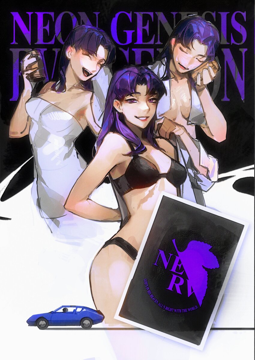 1girl :d ^_^ absurdres bikini black_background black_bikini breasts can car closed_eyes commentary copyright_name curtained_hair dress drink_can highres holding holding_can katsuragi_misato large_breasts limart lingerie long_hair looking_at_viewer motor_vehicle multiple_views neon_genesis_evangelion nerv open_mouth purple_eyes purple_hair short_dress smile soda_can swimsuit two-tone_background underwear white_background white_dress