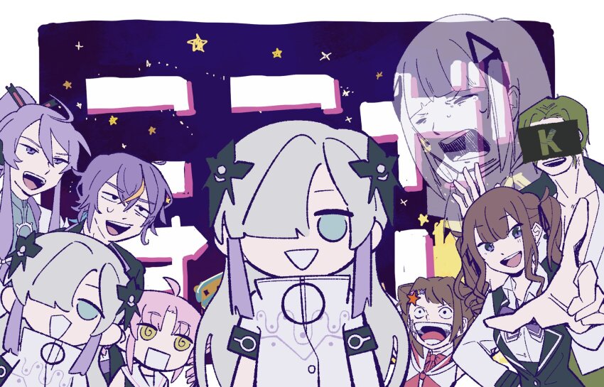 3boys 6+girls @_@ ahoge asymmetrical_sleeves bang_dream! black_eyes black_jacket blank_stare blazer blonde_hair blue_eyes blunt_bangs border bow bowtie brown_hair cevio character_request chestnut_mouth clone coat collared_shirt commentary_request copyright_request covered_eyes diamond_hair_ornament drill_hair green_hair grey_hair hair_over_one_eye half-closed_eyes hand_on_own_hip high_collar highres jacket kafu_(cevio) kamitsubaki_studio kamui_gakupo kirune_(voisona) long_hair looking_at_viewer multicolored_hair multiple_boys multiple_girls natsuki_karin nervous_smile no_pupils o-ring oda_eiichirou_(style) one_eye_covered open_mouth outside_border pink_hair pointing pointing_at_viewer ponytail popy_(cevio) projected_inset purple_background purple_bow purple_bowtie purple_eyes purple_hair sailor_collar school_uniform sekai_(cevio) shirt short_hair sidelocks smile star_(symbol) star_symbol_background straight-on streaked_hair sweatdrop synthesizer_v tearing_up text_background translation_request tsuina-chan twin_drills twintails uneven_sleeves v-shaped_eyebrows vocaloid voiceroid voisona white_border white_coat white_hair white_sailor_collar white_shirt white_sleeves wide-eyed yazuken yellow_eyes zipper_pull_tab