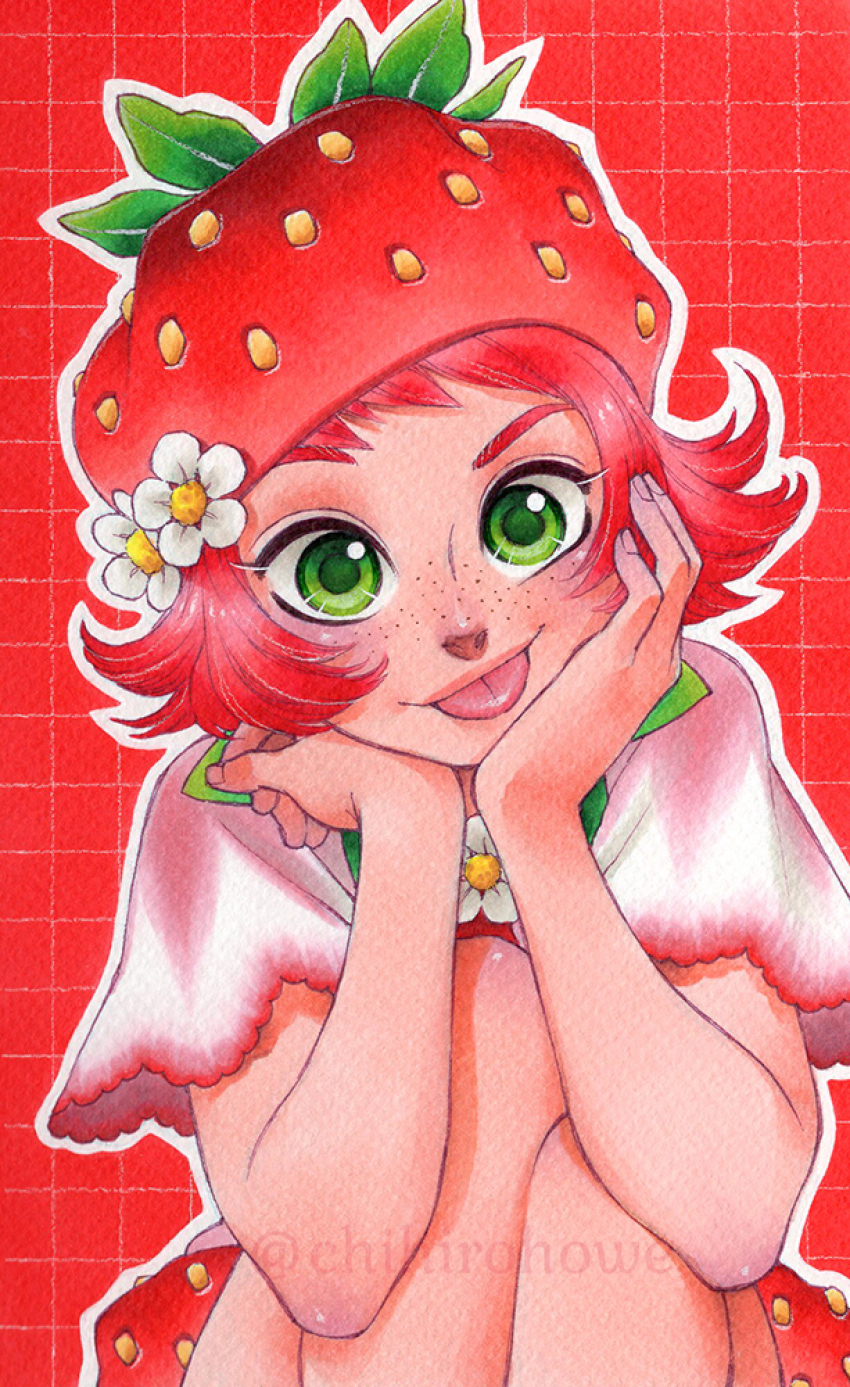 1girl chihiro_howe commentary_request female_focus food freckles fruit green_eyes highres looking_at_viewer marker_(medium) original red_background red_hair red_headwear red_theme short_hair sitting solo strawberry traditional_media upper_body watermark