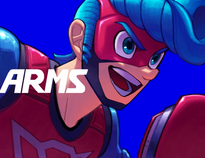1boy arms_(game) blue_background blue_eyes blue_hair boxing_gloves close-up copyright_name domino_mask male_focus mask masshi pompadour simple_background smile spring_man_(arms) toaster_(arms)