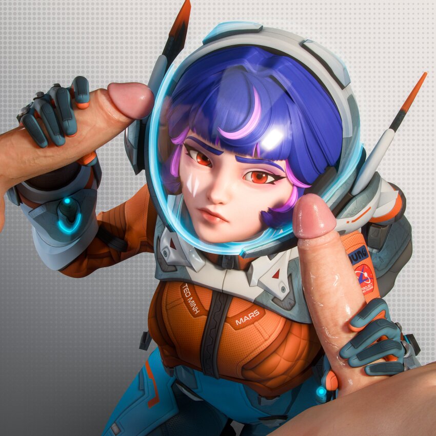 1girl 2boys 3d absurdres blender_(medium) blue_bodysuit blue_suit bodysuit brown_eyes closed_mouth commentary cyber_fashion double_handjob eclairstones english_commentary erection fishbowl_helmet formal_clothes gradient_background grey_background handjob helmet highres jacket jetpack juno_(overwatch) kneeling looking_at_viewer memz multiple_boys orange_jacket orange_suit overwatch penis pink_hair pov pov_crotch purple_hair raised_eyebrows short_hair space_helmet spacesuit suit two-sided_gloves unamused uncensored variant_set