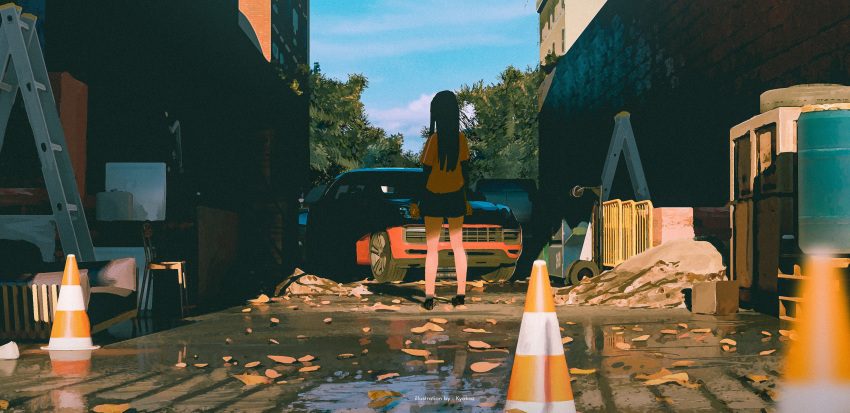 1girl absurdres artist_name bare_legs black_footwear black_hair blue_sky car commentary day english_commentary faiz_azhar from_behind highres ladder layered_sleeves leaf long_hair long_sleeves motor_vehicle orange_shirt original outdoors shirt short_over_long_sleeves short_sleeves sky solo standing traffic_cone tree water