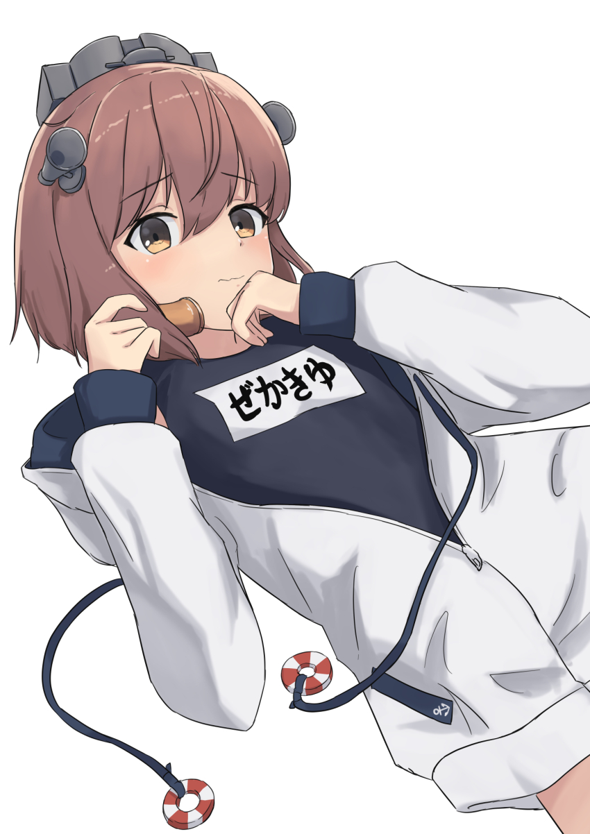 1girl black_one-piece_swimsuit brown_eyes brown_hair commentary_request cowboy_shot drawstring headgear highres hood hooded_jacket jacket kantai_collection lifebuoy_ornament name_tag one-piece_swimsuit school_swimsuit short_hair simple_background solo speaking_tube_headset swimsuit swimsuit_under_clothes white_background white_jacket yuki_4040 yukikaze_(kancolle) yukikaze_(swimsuit)_(kancolle)