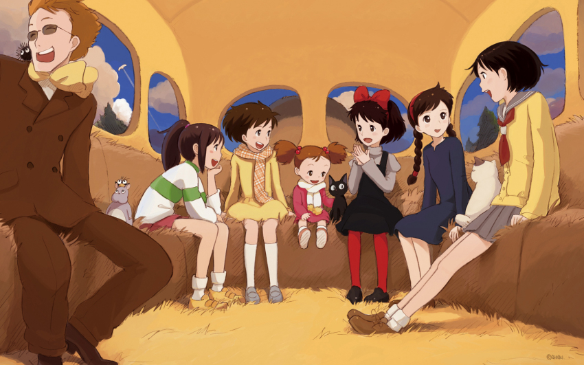 00s 1980s_(style) 1990s_(style) 1boy 6+girls black_hair bow braid brown_hair cat child company_connection crossover dola_(laputa) formal_clothes hair_bobbles hair_bow hair_ornament hairband happy highres jiji_(majo_no_takkyuubin) kaze_no_tani_no_nausicaa kiki_(majo_no_takkyuubin) kokudou_juunigou kusakabe_mei kusakabe_satsuki leggings long_hair majo_no_takkyuubin makkurokurosuke mehve mimi_wo_sumaseba mouse_(animal) multiple_crossover multiple_girls muska muta_(neko_no_ongaeshi) nekobus ogino_chihiro oldschool pantyhose ponytail red_legwear retro_artstyle scarf school_uniform sen_to_chihiro_no_kamikakushi sheeta short_hair short_twintails sitting socks studio_ghibli suit sunglasses susuwatari tenkuu_no_shiro_laputa tonari_no_totoro tsukishima_shizuku twin_braids twintails
