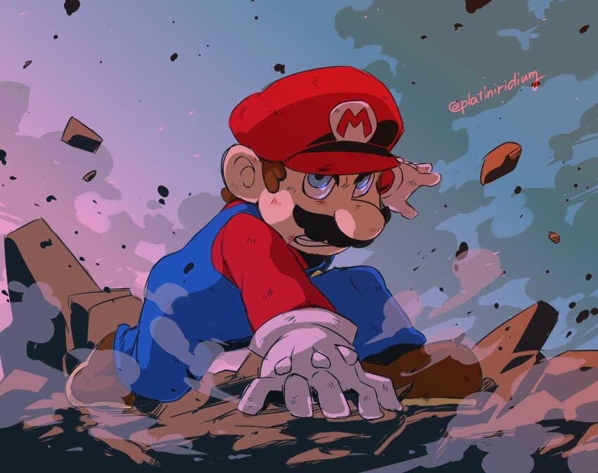 1boy angry arm_support blue_eyes blue_overalls brown_hair brown_shoes clenched_teeth cloud debris facial_hair gloves hand_on_floor hat highres mario mario_(series) mustache nintendo overalls platiniridium red_hat red_shirt rubble shadow shirt shoes short_hair sunset teeth twitter_username white_gloves wreckage