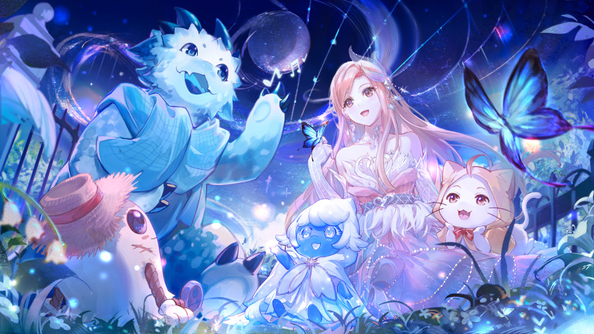 1girl animal bare_shoulders belt belt_buckle blue_butterfly bow bowtie brown_eyes buckle bug butterfly butterfly_on_hand cape character_request cloak clothed_animal colored_eyelashes csyday detached_sleeves dragon dress ear_covers earrings eyelashes fairytale_swan_(infinity_nikki) feather-trimmed_dress feather_hair_ornament feathers fence field flower flower_field full_body giroda_(infinity_nikki) gown grey_belt hair_ornament hand_up happy hat heart heart-shaped_buckle highres hood hood_up hooded_cloak infinity_nikki insect jewelry kilo_the_cadenceborn light_particles lily_of_the_valley long_dress long_hair long_sleeves making-of_available momo_(nikki) music musical_note necklace night night_sky nikki_(nikki) nikki_(series) open_mouth outdoors pink_eyes pink_hair red_bow red_bowtie red_dress scar scar_on_face see-through_clothes see-through_sleeves sidelocks singing sitting sky sleeves_past_wrists smile strapless strapless_dress straw_hat swan_print traditional_bowtie vertical-striped_sleeves very_long_hair whiskers white_bow white_bowtie white_cape white_flower white_sleeves yellow_cloak yellow_hat