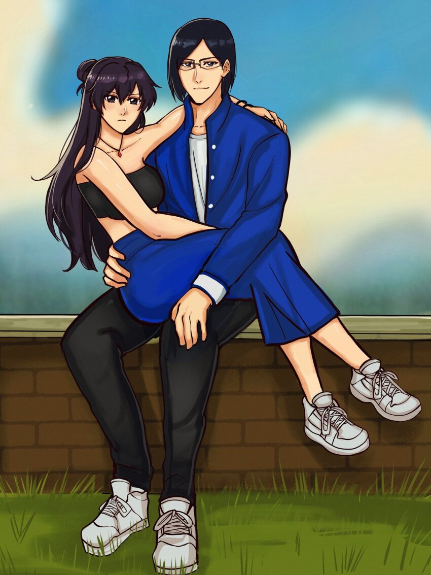1boy 1girl bambietta_basterbine black_eyes black_hair black_tube_top bleach bleach:_sennen_kessen-hen blue_jacket blue_skirt breasts commission full_body glasses highres hunnymzdraws ishida_uryuu jacket large_breasts long_hair long_skirt looking_at_viewer second-party_source sitting sitting_on_lap sitting_on_person skirt strapless tube_top white_footwear