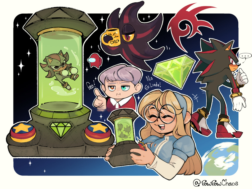 ... 1girl among_us blonde_hair chaos_emerald commander_(sonic) cup doom&#039;s_eye_(sonic) earth_(planet) gloves grey_hair heterochromia holding holding_cup in_container maria_robotnik one-eyed outline planet powpowchaos red_(among_us) round_eyewear shadow_the_hedgehog shadow_the_hedgehog_(game) sonic_(series) spanish_text star_(symbol) stasis_tank white_gloves white_outline