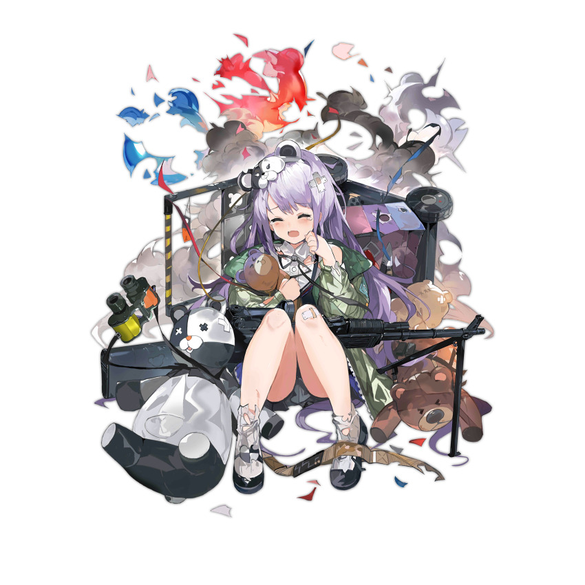 &gt;_&lt; 1girl aged_down alchemaniac animal_balloon animal_ear_headwear animal_ears balloon bandaid bandaid_on_knee bandaid_on_leg bike_shorts binoculars black_dress black_ribbon black_shoes black_shorts bullet_hole closed_eyes dress fake_animal_ears fang full_body girls&#039;_frontline green_jacket gun hairband highres holding holding_stuffed_toy jacket light_machine_gun long_hair long_sleeves machine_gun mary_janes neck_ribbon official_alternate_costume official_art open_mouth popping purple_eyes purple_hair ribbed_socks ribbon rpk rpk-203 rpk-203_(girls&#039;_frontline) rpk-203_(little_volunteer)_(girls&#039;_frontline) shirt shoes shorts simple_background sitting socks solo sticker stuffed_animal stuffed_panda stuffed_toy teddy_bear torn_clothes torn_ribbon torn_socks torn_straps toy_wagon transparent_background two-tone_hairband very_long_hair weapon white_shirt white_socks