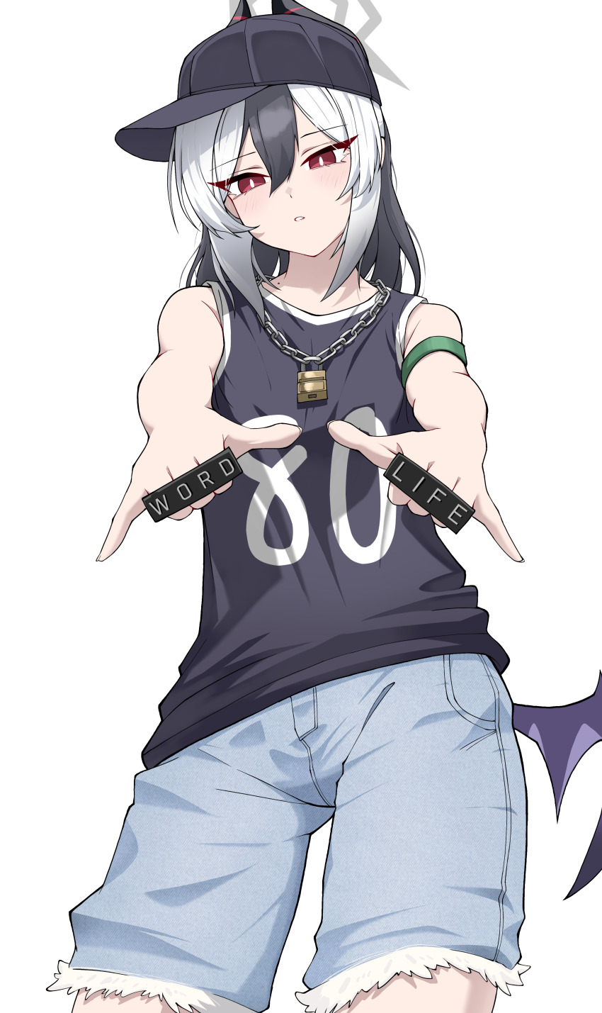 1girl absurdres alternate_costume black_hair black_hat black_horns black_shirt blue_archive blue_shorts blush chain chain_necklace commentary commentary_request contrapposto demon_horns grey_hair halo hat head_tilt highres hikkio horns jewelry kayoko_(blue_archive) looking_at_viewer medium_hair mole mole_on_neck multicolored_hair necklace number_print parted_lips purple_wings red_eyes shirt shorts simple_background single_wing solo standing two-tone_hair white_background wings