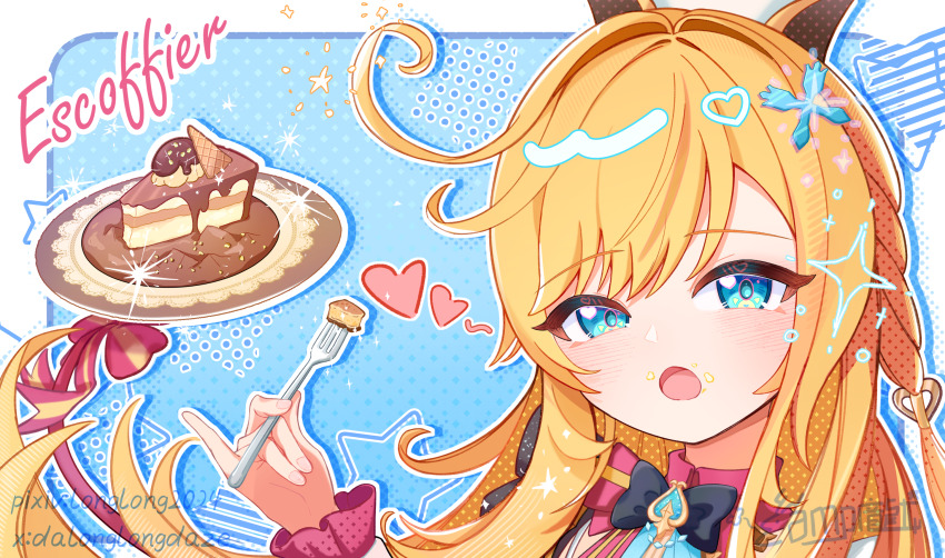 1girl ahoge apron blonde_hair blue_background blue_eyes blush breasts chef chef_hat cowlick dress english_text escoffier_(genshin_impact) fork fork_hair_ornament genshin_impact hair_ornament hat heart heart_in_eye highres holding holding_fork holding_ladle knife_hair_ornament la_lettre_a_focalors_(genshin_impact) ladle large_breasts long_hair longlong2024 looking_at_viewer mechanical_tail open_mouth solo spoken_heart symbol_in_eye tail toque_blanche very_long_hair white_hat wrist_cuffs