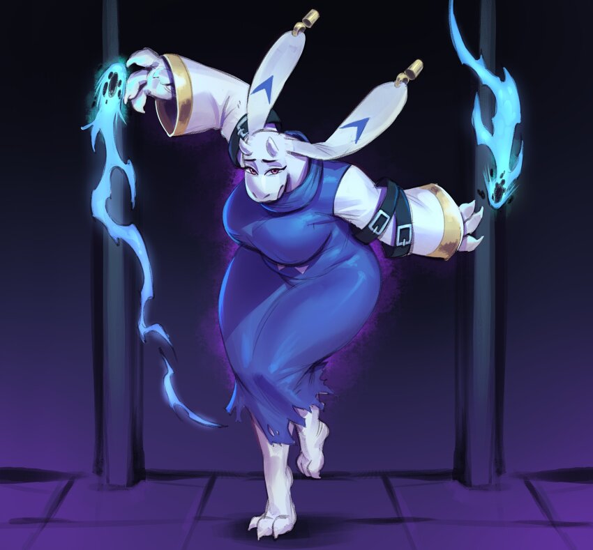1girl absurdres adapted_costume alternate_costume animal_ear_piercing animal_ears arm_belt aura barefoot belly belt black_belt blue_dress blue_fire body_fur borrowed_design breasts claws curvy dark_aura dress fang fighting_stance fire fireball full_body furry furry_female goat_ears goat_girl goat_horns hands_up highres horns indoors large_breasts long_sleeves looking_at_viewer magic ocorvo_r open_mouth pink_eyes profile pyrokinesis redesign serious skin_fang standing standing_on_one_leg thick_thighs thighs toriel torn_clothes torn_dress turtleneck turtleneck_dress undertale v-shaped_eyebrows white_fur white_sleeves wide_hips wide_sleeves
