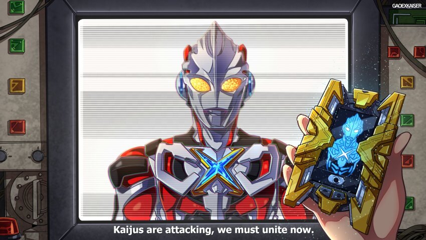 1boy artist_name cable commentary company_connection computer english_commentary english_text gao_ex_kaiser glowing glowing_eyes gridman_universe highres holding looking_at_viewer orange_eyes ssss.gridman straight-on subtitled tokusatsu ultra_series ultraman ultraman_x ultraman_x_(series)