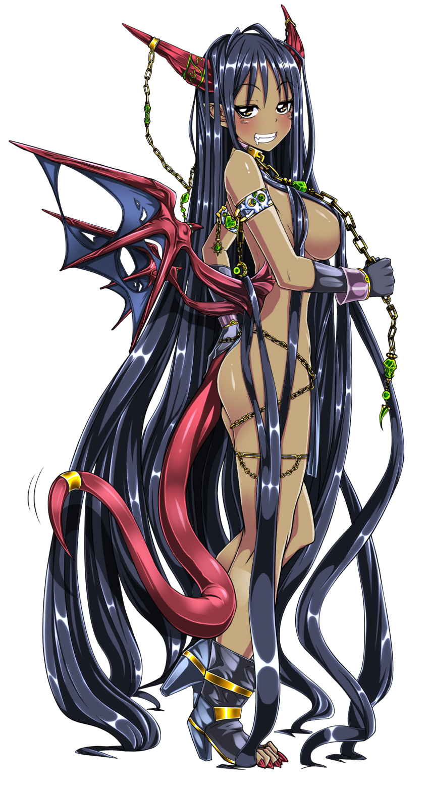 1girl absurdly_long_hair black_hair breasts brown_eyes chain collar demon_girl demon_tail demon_wings female_focus gloves grin high_heels highres horns large_breasts long_hair miitoban nude open-toe_shoes original shoes slobber smile solo tail tail_wagging very_long_hair wings