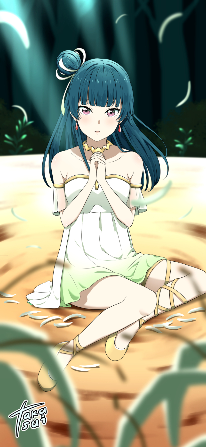 1girl absurdres dress earrings far_far_away_(love_live!) full_body genjitsu_no_yohane gold_trim gradient_clothes gradient_dress green_dress hair_bun highres jewelry looking_at_viewer love_live! love_live!_sunshine!! off_shoulder own_hands_clasped own_hands_together single_hair_bun sitting strapless strapless_dress takamizawa_usui tsushima_yoshiko two-tone_dress wariza white_dress yohane_(genjitsu_no_yohane) yokozuwari