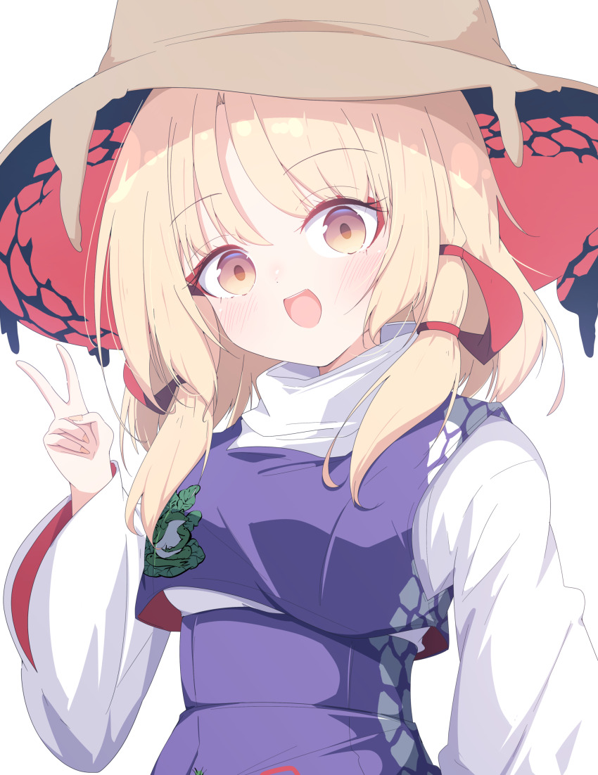 1girl absurdres blonde_hair brown_hair commentary darumoon hair_ribbon hat highres looking_at_viewer moriya_suwako open_mouth purple_skirt ribbon shirt sidelocks simple_background skirt solo touhou v white_background white_shirt wide_sleeves