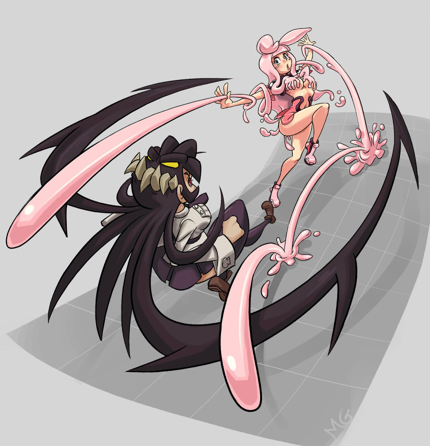 2girls animal_ears battle blunt_bangs crossover dodging filia_(skullgirls) highres living_hair mario_grant melona_(queen&#039;s_blade) monster_girl multiple_girls pink_hair prehensile_hair queen&#039;s_blade rabbit_ears samson_(skullgirls) school_uniform skullgirls slime_girl thighhighs