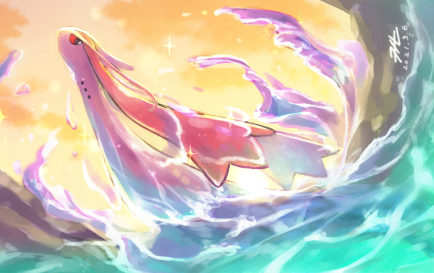 colored_sclera commentary_request dated from_side gen_3_pokemon looking_at_viewer milotic nintendo no_humans null_suke partially_submerged pokemon pokemon_(creature) red_sclera signature sunset water