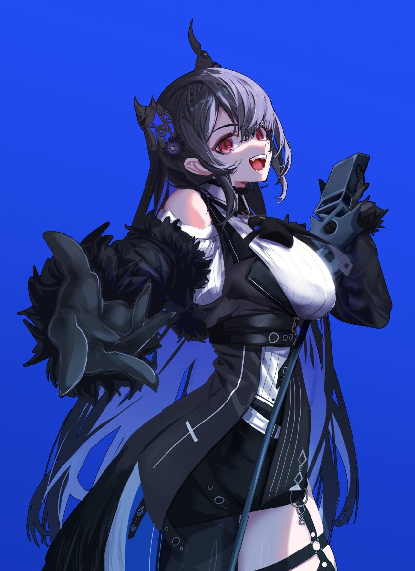 1girl absurdres asymmetrical_horns bare_shoulders black_hair blue_background blue_hair breasts clothing_cutout colored_inner_hair daaku_(koizumi_arata) demon_horns feather-trimmed_jacket flower foreshortening gloves hair_between_eyes hair_ornament highres holding holding_microphone hololive hololive_english horn_flower horns large_breasts long_hair looking_at_viewer microphone microphone_stand mole mole_under_eye multicolored_hair music nerissa_ravencroft nerissa_ravencroft_(1st_costume) open_mouth red_eyes shirt shoulder_cutout simple_background singing smile solo tassel tassel_hair_ornament two-tone_hair uneven_horns virtual_youtuber