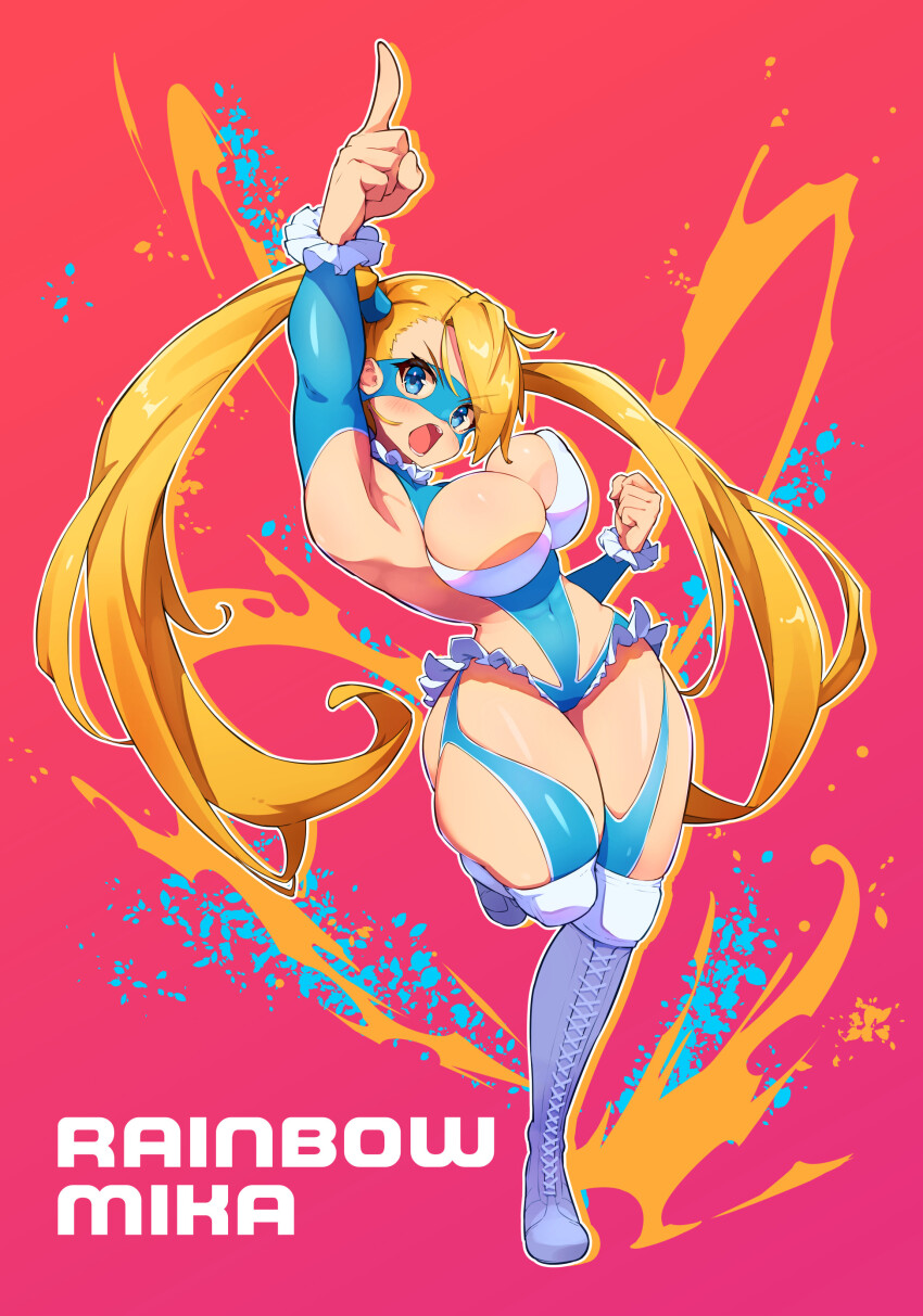 1girl absurdres arm_up asymmetrical_bangs blue_leotard boots cleavage_cutout clothing_cutout domino_mask elbow_cutout full_body hair_pulled_back highres leg_up leotard long_hair mask mefuchan open_mouth rainbow_mika simple_background solo street_fighter street_fighter_6 twintails white_boots wrestling_mask wrestling_outfit wrestling_ring