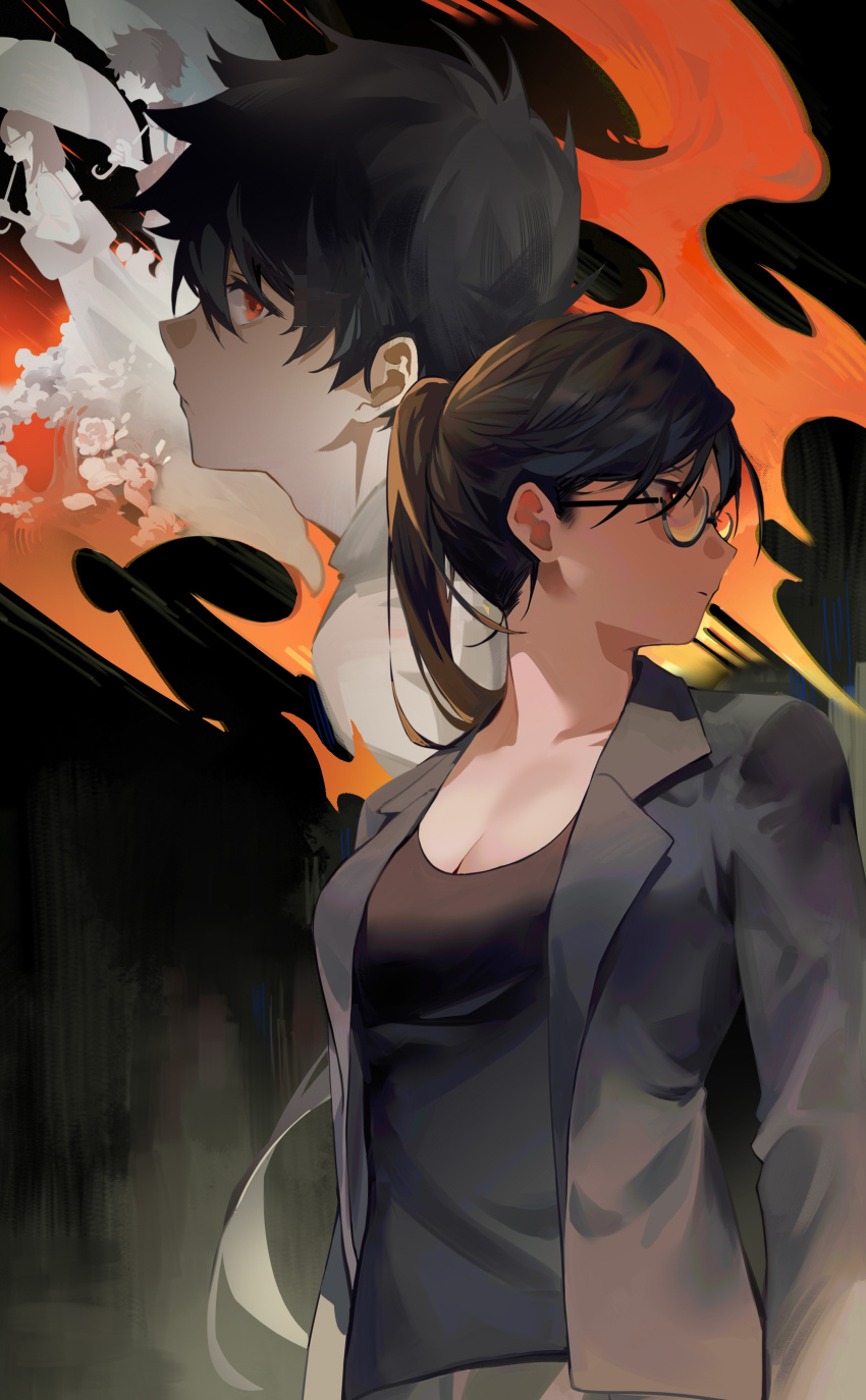 1boy 1girl absurdres aged_down bag black_hair black_shirt breasts brother_and_sister cleavage closed_mouth flower formal_clothes glasses highres holding holding_umbrella long_hair long_sleeves looking_to_the_side medium_breasts minakata_hizuru minakata_ryuunosuke narakuuu ponytail purple_eyes red_eyes school_bag shirt short_hair siblings suit summertime_render umbrella