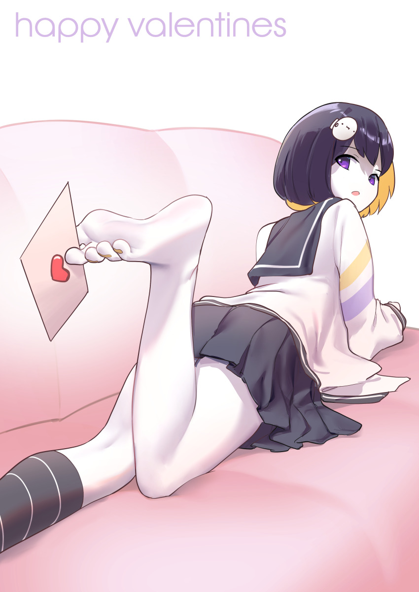 1girl absurdres barefoot black_hair feet highres indie_virtual_youtuber letter looking_at_viewer looking_back love_letter lying medium_hair multicolored_hair on_stomach open_mouth pale_skin pompmaker1 pomuko_(pompmaker1) purple_eyes soles toes two-tone_hair valentine virtual_youtuber
