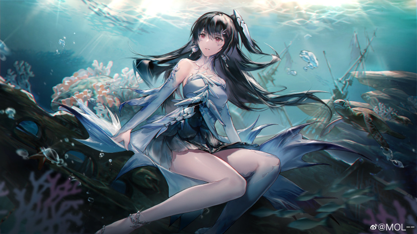 1girl absurdres air_bubble anklet bare_shoulders black_dress black_hair bubble commentary_request coral coral_reef detached_collar detached_sleeves dress earrings feet_out_of_frame fish floating_hair headgear highres jewelry long_hair looking_at_viewer lucia:_plume_(dance_of_ripplets)_(pgr) lucia:_plume_(pgr) lucia_(pgr) mol-- official_alternate_costume official_art parted_lips punishing:_gray_raven red_eyes scales sea_turtle shell shell_earrings shipwreck short_dress sitting solo spiked_dress strapless strapless_dress turtle two-tone_dress underwater watermark weibo_watermark white_dress white_sleeves