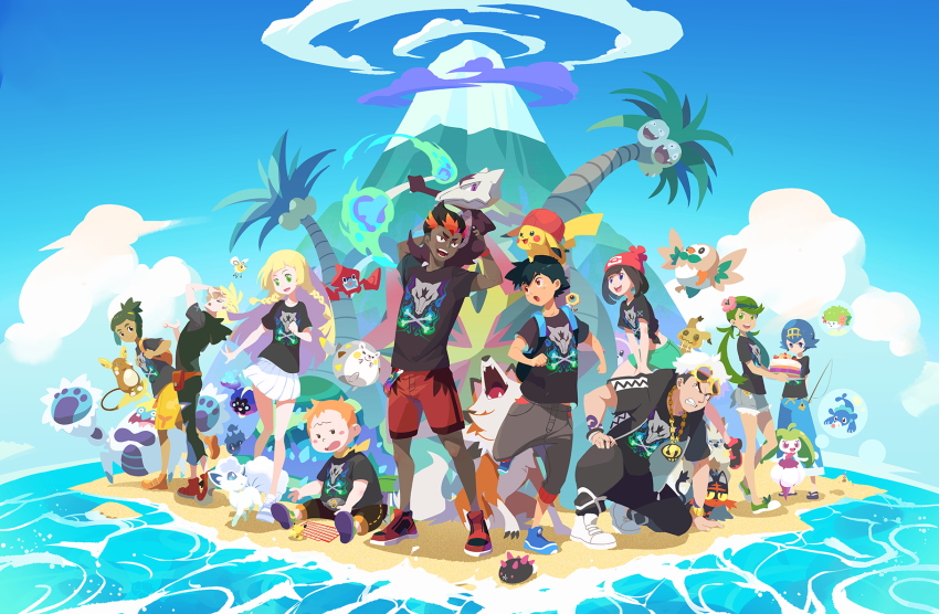 &gt;_&lt; 4girls 6+boys :d :o alolan_exeggutor alolan_form alolan_marowak alolan_raichu alolan_vulpix angry arm_tattoo ash_ketchum backpack bag bangs_pinned_back bare_legs baseball_cap beanie bewear black_hair black_jacket black_pants black_shirt blonde_hair blue_eyes blue_hair blue_pants blue_shoes blue_sky blush_stickers bone braid brother_and_sister brown_eyes bubble cake character_doll character_print clenched_teeth closed_eyes closed_mouth clothed_pokemon cloud commentary_request cosmog crabominable creature cutiefly dark-skinned_male dark_skin day eye_contact eyewear_on_head fangs fire fishing_rod floating flower flying food gen_1_pokemon gen_4_pokemon gen_5_pokemon gen_7_pokemon gladion_(pokemon) gold_hairband green_eyes green_fire green_hair green_shoes green_shorts grey_pants grey_skirt guzma_(pokemon) hair_flower hair_ornament hairband hand_on_ground happy hat hau_(pokemon) highres holding holding_bone holding_tray island jacket jewelry kariki_hajime kiawe_(pokemon) lana_(pokemon) legendary_pokemon lillie_(pokemon) litten long_hair looking_at_another looking_at_viewer lycanroc lycanroc_(dusk) mallow_(pokemon) marshadow marshadow_(gloom) meltan midriff mimikyu miniskirt multicolored_hair multiple_boys multiple_girls mythical_pokemon necklace nintendo no_legwear ocean on_head on_shoulder open_clothes open_jacket open_mouth orange_hair orange_shoes outdoors palossand pants pikachu pleated_skirt pokemon pokemon_(anime) pokemon_(creature) pokemon_on_head pokemon_on_shoulder pokemon_sm pokemon_sm_(anime) popplio print_shirt purple_sandals pyukumuku red_hair red_headwear red_shoes red_shorts rotom rotom_dex rowlet sand sandals scarf selene_(pokemon) shadow shaymin shaymin_(land) shirt shoes short_hair short_shorts short_sleeves shorts siblings sideburns sitting skirt sky smile sneakers sophocles_(pokemon) squatting standing starter_pokemon_trio steenee stoutland sunglasses t-shirt tattoo team_skull teeth tied_shirt togedemaru tongue topknot tray twin_braids twintails two-tone_hair upper_teeth_only volcano white_hair white_shoes white_skirt yellow_scarf yellow_shorts