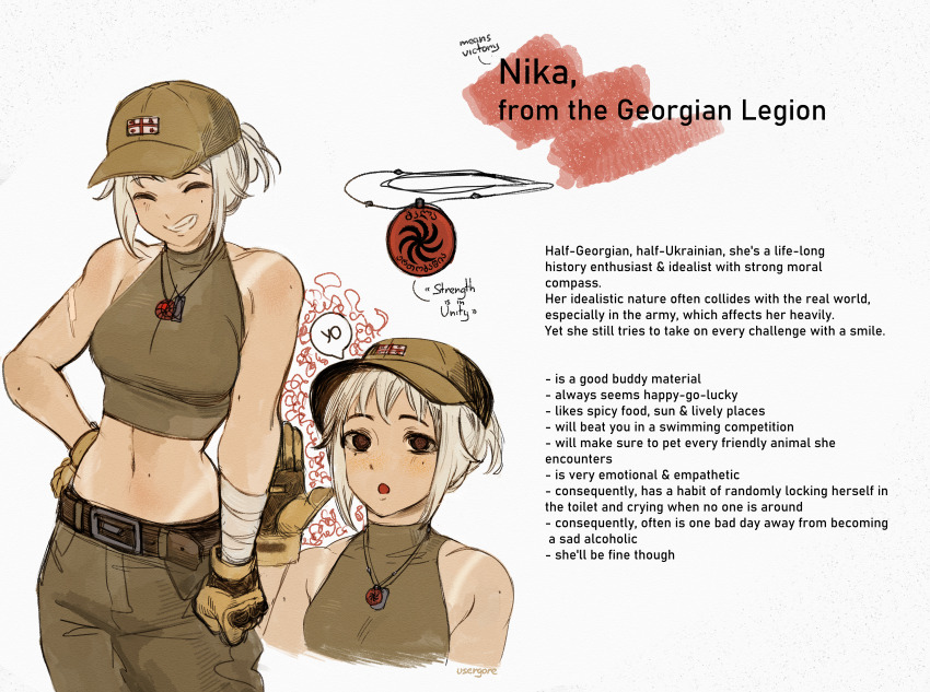1girl absurdres bandaged_arm bandages breasts brown_gloves character_profile collared_halterneck commentary crop_top english_commentary english_text georgia_(country) gloves grin halterneck hand_on_own_hip hat highres jewelry medium_breasts midriff mole mole_under_eye navel necklace nika_(usergore) original ponytail russo-ukrainian_war scar scar_on_arm shirt short_ponytail sleeveless sleeveless_shirt smile tan tanline toned turtleneck usergore