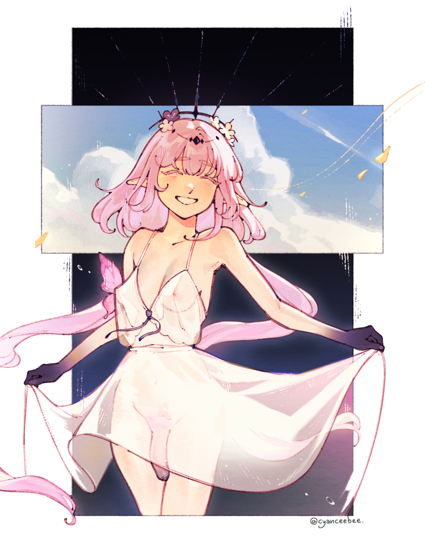 1futa absurdres breasts bug butterfly castorice_(honkai:_star_rail) closed_eyes clothes_lift cloud colored_extremities colored_penis cowboy_shot cyber_(cyanceebee) dress dress_lift futanari grin highres honkai:_star_rail honkai_(series) insect lifting_own_clothes medium_breasts medium_penis nipples penis pink_hair pointy_ears see-through_clothes see-through_dress smile solo tiara