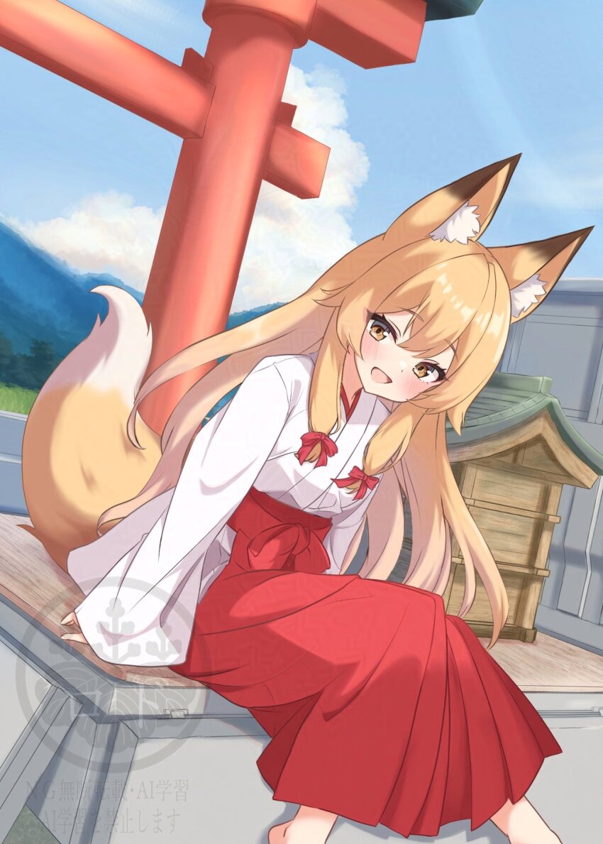 1girl animal_ears barefoot blonde_hair bow cloud cloudy_sky fox_ears fox_tail hair_bow highres japanese_clothes long_hair looking_at_viewer miko mountain multiple_hair_bows original red_skirt rodo_(oekakisyakaijin) shirt shrine sitting skirt sky tail torii white_shirt yellow_eyes