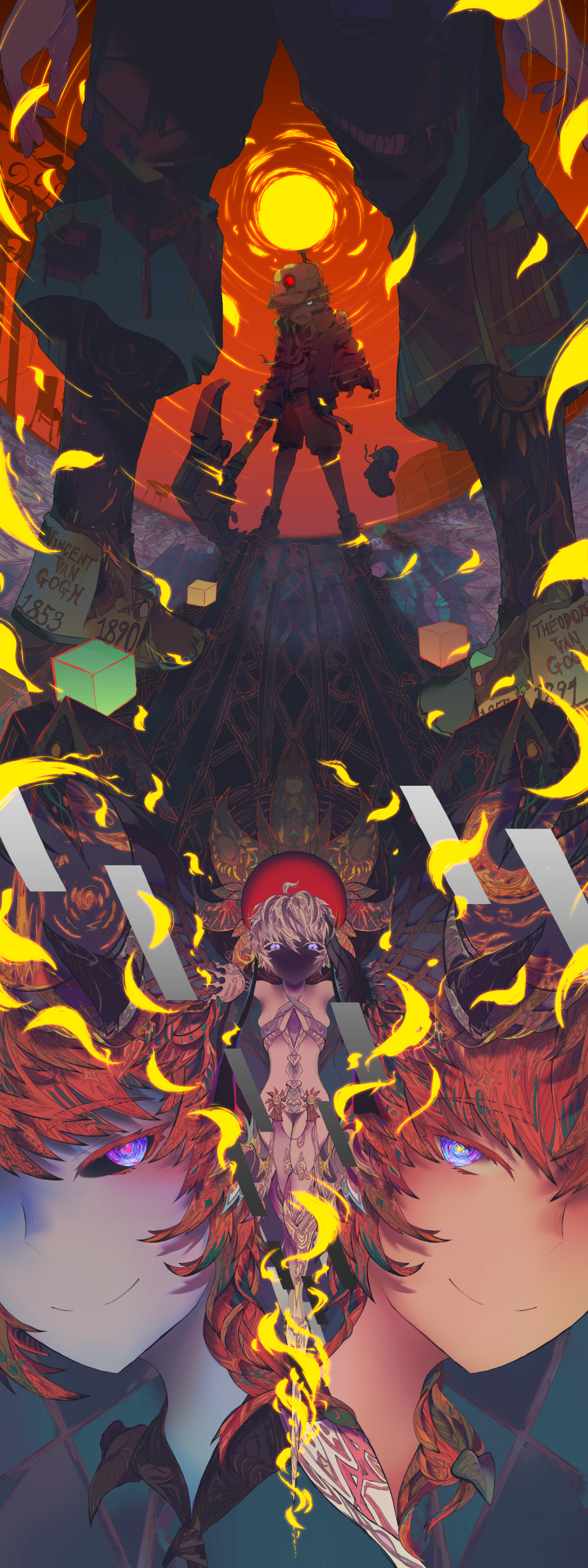 absurdres bandaid bandaid_on_knee bandaid_on_leg black_sclera blue_eyes character_name colored_sclera commentary falling_petals fate/grand_order fate_(series) gloves highres holding holding_pickaxe lamp mining_helmet paintercattle petals pickaxe shoes shorts smile theodorus_van_gogh_(fate) van_gogh_(fate) van_gogh_(first_ascension)_(fate) van_gogh_(miner)_(fate) van_gogh_(second_ascension)_(fate) van_gogh_(third_ascension)_(fate)