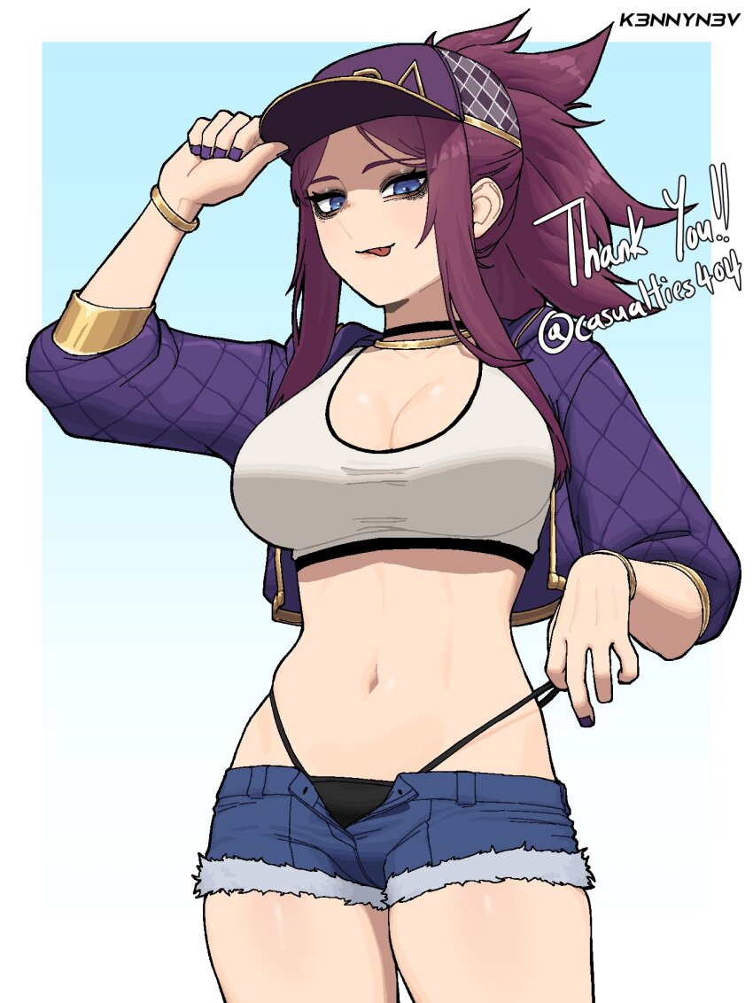 1girl akali alternate_costume baseball_cap blue_eyes breasts cleavage commission cropped_jacket denim denim_shorts eyeshadow gold_trim hair_through_headwear hat highres jacket k/da_(league_of_legends) k/da_akali k3nnyn3v league_of_legends makeup midriff navel panties pants ponytail purple_hair purple_jacket shade short_shorts shorts solo sports_bra string_pull tongue tongue_out underwear white_sports_bra