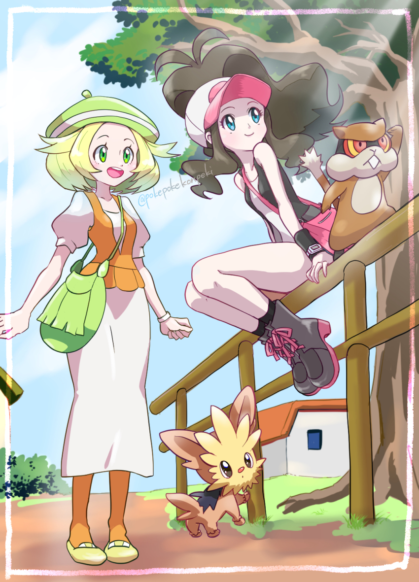 2girls :d bag beret bianca_(pokemon) black_socks black_vest blonde_hair boots brown_hair commentary_request day dress eyelashes fence gen_5_pokemon green_bag green_eyes green_headwear hat highres hilda_(pokemon) lillipup long_hair multiple_girls nintendo open_clothes open_mouth open_vest orange_pantyhose orange_vest outdoors pantyhose patrat pokemon pokemon_(creature) pokemon_bw pokepokekonpeki shirt shoes shoulder_bag sidelocks sitting sleeveless sleeveless_shirt smile socks standing tree vest white_dress white_headwear white_shirt xtransceiver yellow_shoes