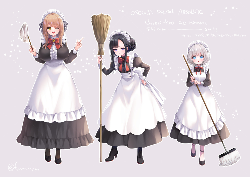 3girls :o ;d absolute_(nikke) alternate_costume apron asymmetrical_bangs black_dress black_footwear black_hair black_pantyhose blue_eyes blunt_bangs boots bow bowtie breasts broom brown_hair center_frills closed_mouth commentary_request dress duster emma_(nikke) enmaided eunhwa_(nikke) forehead frills full_body fummy goddess_of_victory:_nikke grey_background grey_hair hand_on_own_hip hat high_heel_boots high_heels highres holding holding_broom holding_duster holding_mop juliet_sleeves large_breasts long_dress long_hair long_sleeves looking_at_viewer maid maid_apron maid_headdress mary_janes medium_breasts mole mole_under_mouth mop multiple_girls one_eye_closed open_mouth pantyhose puffy_long_sleeves puffy_sleeves purple_eyes red_bow red_bowtie romaji_text shoes short_hair sidelocks small_breasts smile standing swept_bangs teeth twitter_username upper_teeth_only vesti_(nikke) yellow_eyes
