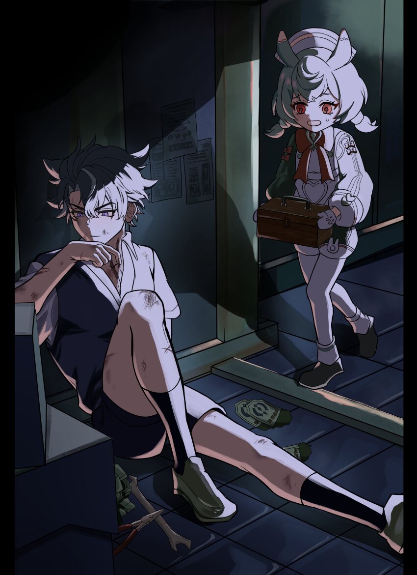1boy 1girl absurdres aged_down animal_ears apron aqua_shirt black_footwear black_hair black_shorts black_socks blue_hair bow bowtie box brooch brown_footwear closed_mouth collared_shirt commentary crossed_bangs cuts double_sided_wrench english_commentary genshin_impact grey_hair grey_vest hair_between_eyes hand_up hat highres holding indoors injury jewelry knee_up long_sleeves looking_at_another low_twintails lunchbox medium_hair multicolored_hair needle-nose_pliers npnpnp0771 nurse_cap on_floor open_mouth pantyhose paper pillarboxed pliers poster_(object) puffy_long_sleeves puffy_shorts puffy_sleeves purple_eyes raised_eyebrows red_bow red_bowtie red_eyes scar scar_on_neck scratches shadow shirt shoes short_hair short_shorts short_sleeves shorts sidelocks sigewinne_(genshin_impact) sitting socks standing streaked_hair sweatdrop ticket twintails v-shaped_eyebrows vest walking white_apron white_hat white_pantyhose white_shirt wrench wriothesley_(genshin_impact)